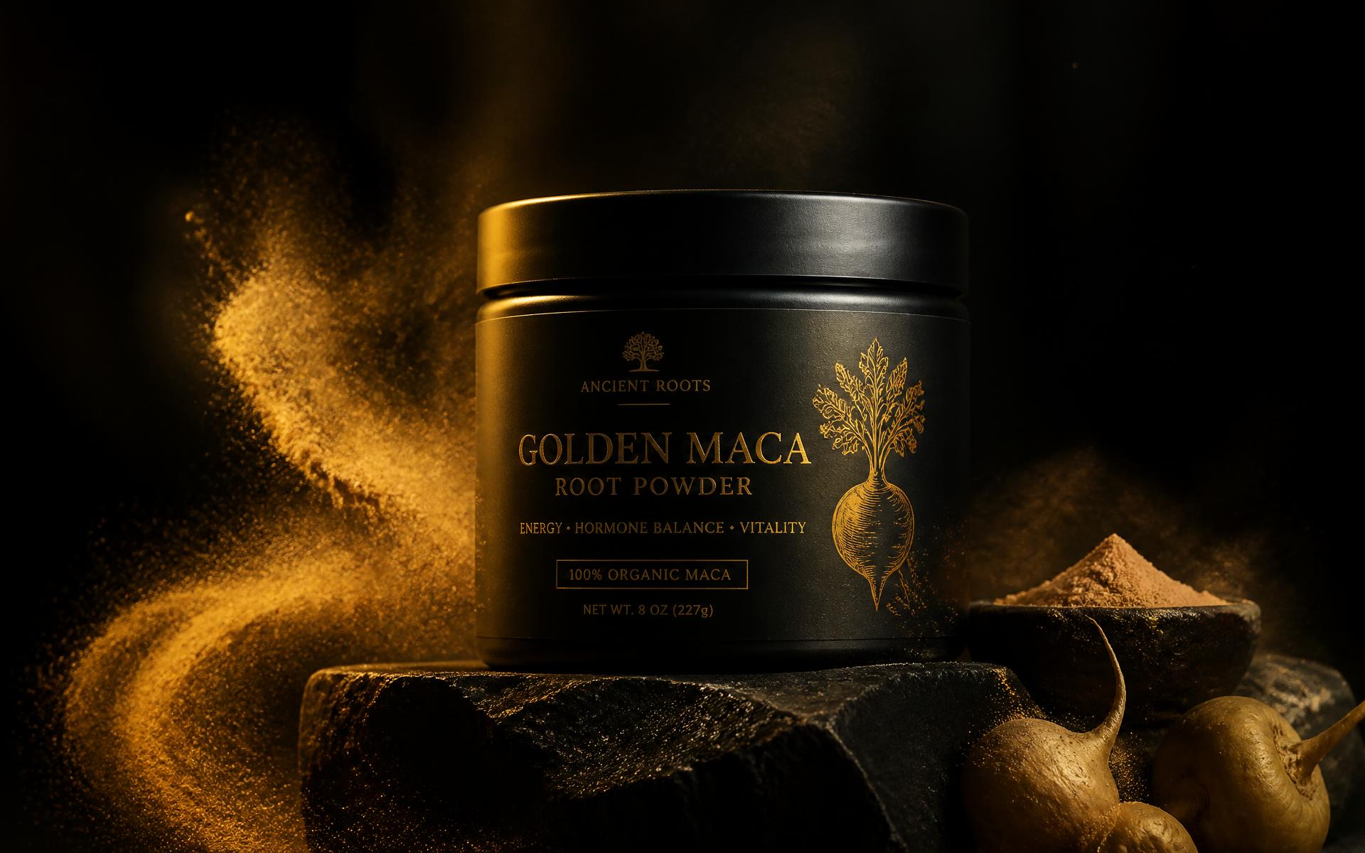 Goldenmaca premium maca powder jar with golden powder swirl