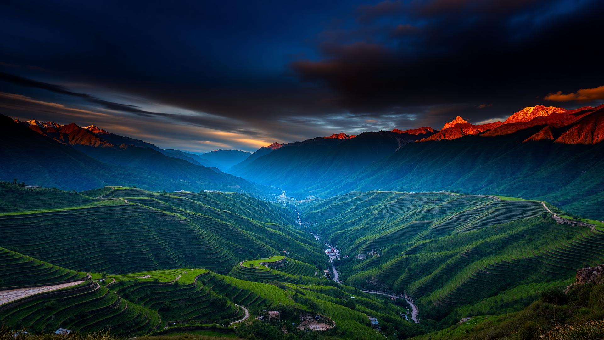 Andes mountains and terraced fields in Peru